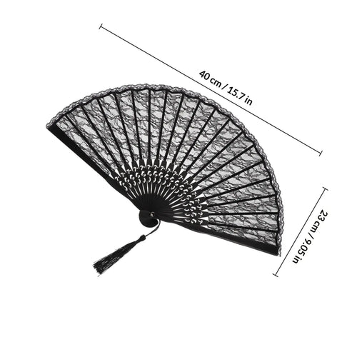 23Cm Black Bamboo and Lace Folding Fan Hand Embroidered Floral Design with Tassel Pendant Wedding Decoration Gift Collection