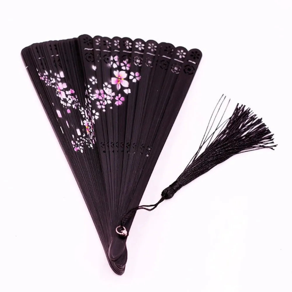 Vintage Carved Hollowed-Out Fan Classical Natural Bamboo Folding Fan Flower Pattern with Tassel Handheld Fan Photography Prop